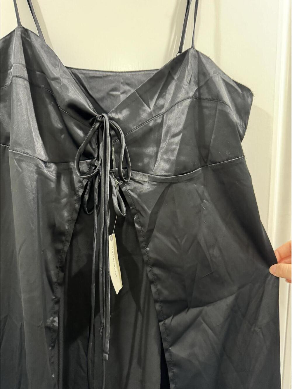 NWT Anthropologie Black Satin Tie Front Midi Slip Dress Duster Small - Picture 3 of 8